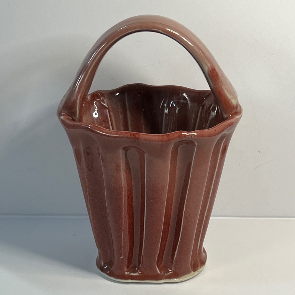 Studio Art Pottery Elegant Cranberry Ceramic Basket Vase